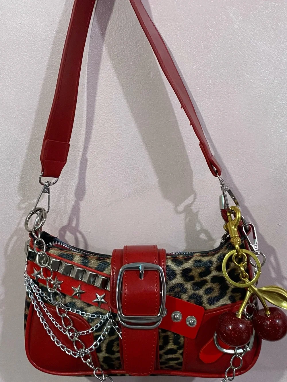 Red Leopard Accent Mini Shoulder Bag with Silver Hardware - Picture 2 of 2